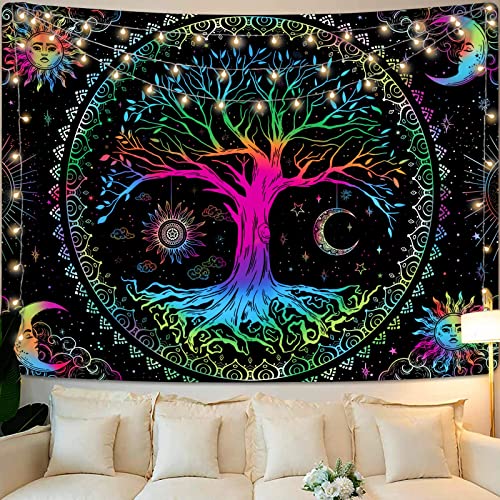 Kanuyee Tree of Life Tapestry Yin and Yang Sun Moon Star Tapestries Galaxy Space Tapestry Mandala Wall Tapestry Black Aesthetic Tapestry for Room Decor (35”high × 47”Wide, Colorful)
