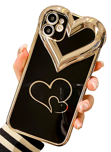 BANAILOA Sparkle iPhone 11 Cute Case,Luxury Plating 3D Love Hearts Case Camera Cover Protective Soft TPU Girly Black Gold Case Designed for iPhone 11-6.1 inch (Black)