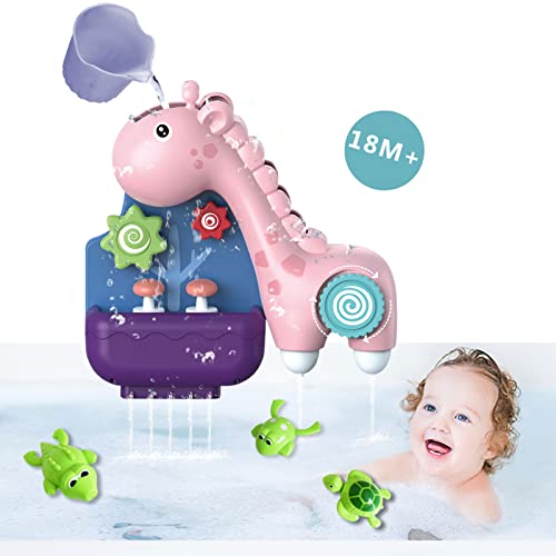 Bu-buildup Baby Bath Toys, Bath Toys with Wind up Bath Time Toys, Bath Toys Without Hole, Giraffe Waterfall Set with 3 Suction Cups for Kids, Pink