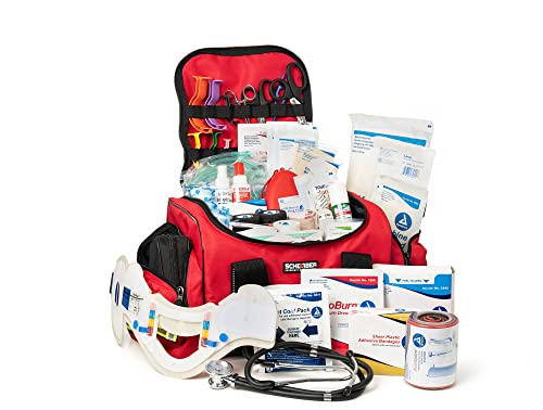 Scherber First Responder Bag | Fully-Stocked Large Professional Essentials EMT/EMS Trauma Kit | Reflective Bag w/8 Zippered Pockets & Compartments, Shoulder Strap & 250+ First Aid Supplies (Red)