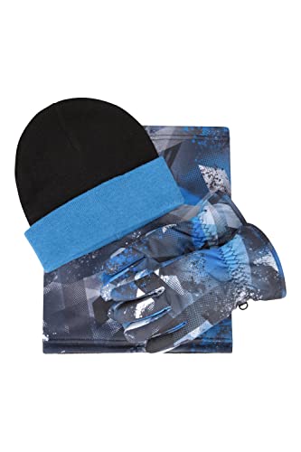 Mountain Warehouse Kids Ski Accessory Set – Water-Resistant Gloves, Reversible Beanie, Neck Gaiter Blue Small