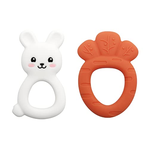 Teething Toys for Babies, PAPACHOO 2 Pack Bunny Carrot Super Soft Silicone Baby Soothing Teether Toy, Chew Silicone Infant Toys for Baby Teething Relief, Bpa Free