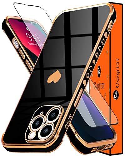 Gurgitat Case for iPhone 11 Pro Max-6.5”Heart Girls Aesthetic Love Hearts Design Pattern Black Gold Cute Cases Girly Designer Pretty Women Trendy Cover+Screen Protector for iPhone 11 Pro Max(2in1)