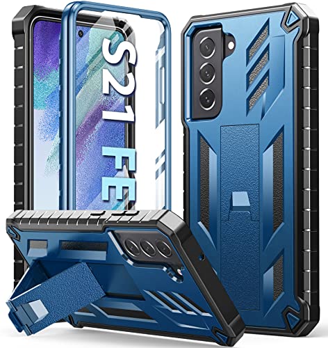 for Samsung Galaxy S21-FE Phone Case: Dual-Layer Military Grade Drop Proof Full Protection Cover with Kickstand | Durable Rugged Shockproof TPU Matte Textured Tough Protective Bumper Shell (Blue)