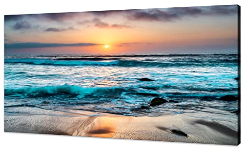 Large Framed Ocean Wall Decor Beach Sunset Ocean Waves Nature Pictures Stretched Canvas Wall Art for living Room Bedroom and Office Wall Decor for Bathroom, 24x48inch Canvas Prints Artwork Ready to Hang