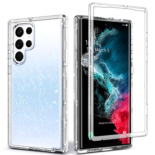 Coolwee Crystal Glitter Full Protective Case for Galaxy S22 Ultra Heavy Duty Hybrid 3 in 1 Rugged Shockproof Women Girls Transparent for Samsung Galaxy S22 Ultra 6.8 inch Shiny Clear Bling Sparkle