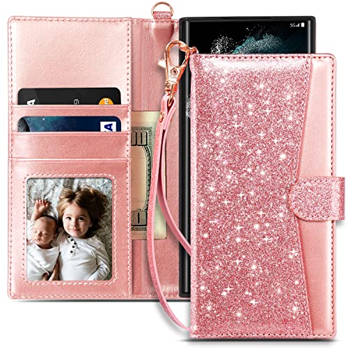 Coolwee Compatible Galaxy S22 Ultra Wallet Case Flip Folio Cover with Card Slots Kickstand Design Wrist Strap Girls Women PU Leather Compatible with Samsung Galaxy S22 Ultra Rose Gold Pink Glitter