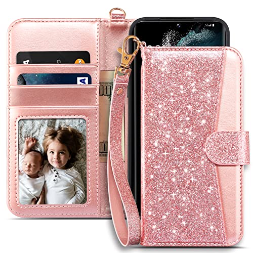 Coolwee Compatible Galaxy S22 Wallet Case Flip Folio Cover with Card Slots Kickstand Design Wrist Strap Girls Women PU Leather Compatible with Samsung Galaxy S22 Rose Gold Pink Glitter