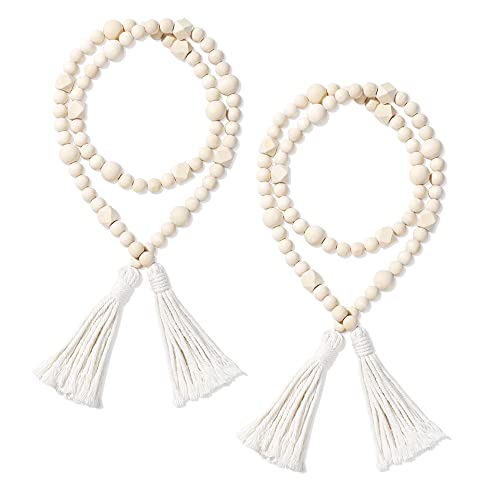 2pcs Wood Bead Garland with Tassels – Farmhouse Prayer Beads Rustic Country Decor Boho Beads Wall Hanging Decoration
