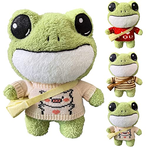 KIRIGAMI 11.8 inch Standing Green Frog Plushie Pillow Stuffed Animals Doll Cuddly Short Plush Soft Toys with Sweater and Backpack for Kids