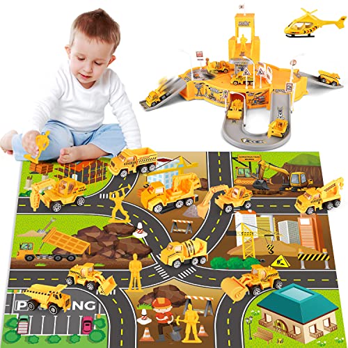 Construction Vehicles Truck Toys Set, Mini Engineering Construction Truck Car Track Parking Lot with Play Mat, Excavator, Helicopter Car Garage Toys Gifts for Boys Kids Girls 3 4 5 6 Years Old
