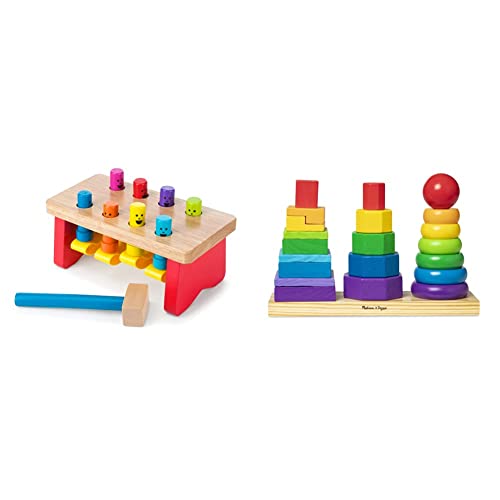 Melissa & Doug Geometric Stacker – Wooden Educational Toy & Deluxe Pounding Bench Wooden Toy with Mallet