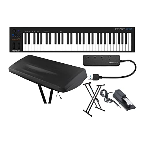 Nektar Impact GX61 61-Key USB MIDI Keyboard Controller Bundle with Knox Gear Adjustable Keyboard Stand with On Stage Sustain Pedal and 61-Key Dust Cover and 4-Port USB 3.0 Hub (5 Items)