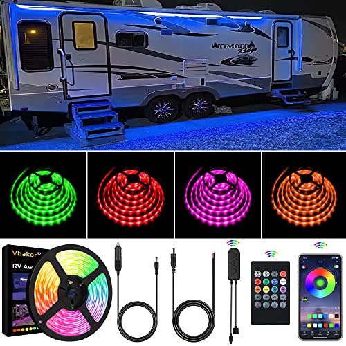 Vbakor RV Awning Lights Kit, 20FT RGB Dimmable Waterproof 12V Camper Awning Strip Lights with APP/Remote Control, Sound Music Sync, RV Exterior Lighting for Party Motorhome Travel Trailer