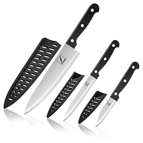 COKUMA Kitchen Knife, 3-Pcs Knife Set With Sheath, 8 Inch Chef Knife, 4.5 Inch Utility Knife, 4 Inch Paring Knife, Stainless Steel Chef Knife Set, Black
