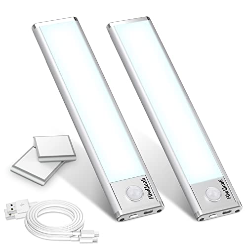 AlwQuali Motion Sensor Closet Lights, 1000mAh Rechargeable Battery, Soft Cool White, 180LM 30Leds, Stick On Kitchen Cabinet, Counter, Wardrobe, 2Pack