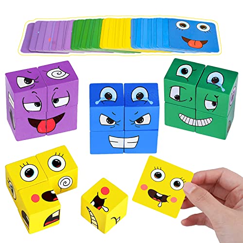 Wooden Expressions Matching Block Puzzles Building Game,Face-Changing Magic Cube,Logical Educational Training Toys,Educational Montessori Toys for Ages 3 Years and Up Kids