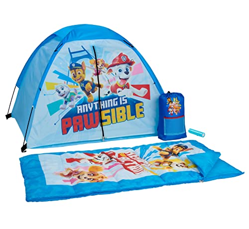 Exxel Outdoors Paw Patrol Kids Camp Set – Tent, Backpack, Sleeping Bag and Flashlight – 4 Piece Indoor/Outdoor Paw Patrol Kids Set,Multi,N-4SLGFL21PAW