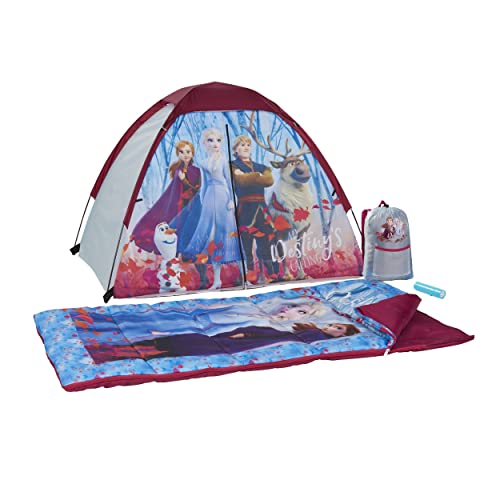 Exxel Outdoors Disney Frozen 2 Kids Camp Set – Tent, Backpack, Sleeping Bag and Flashlight – 4 Piece Indoor/Outdoor Frozen 2 Kids Set,Multi