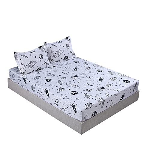 MAG White Galaxy 3Pcs Twin Size Out Space Fitted Bed Sheet for Boys, Kids and Girls (Twin, White)