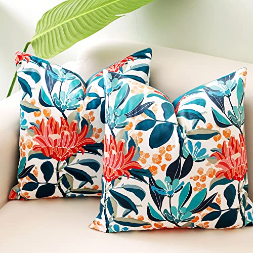 Decorative Pillow Covers – Maximalist Decor Teal Velvet Soft 20×20 Inches Pillow Covers Set of 2, Floral and Solid Accent Pillow Cushion Case for Couch Bed Sofa
