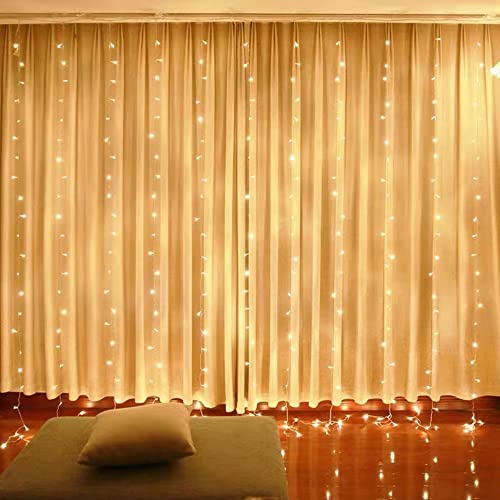 YAQIMIYA 300 LED Fairy Curtain Lights Plug in 10x10FT,8 Modes Window Wall Hanging Curtain String Lights for Bedroom Wedding Party Indoor Outdoor Decoration (Warm White)