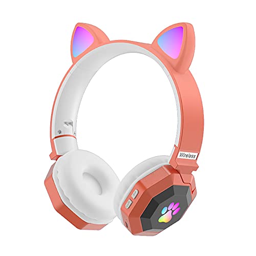 Niaviben Cute Cartoon Cat Ear Headphones Over-Ear RGB Three-Color Lighting Bluetooth Gaming Low Delay Headset 90° Foldable Earphone Orange
