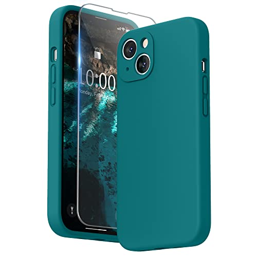 SURPHY Compatible with iPhone 13 Case with Screen Protector, (Camera Protection + Soft Microfiber Lining) Liquid Silicone Phone Case 6.1 inch 2021, Teal Blue