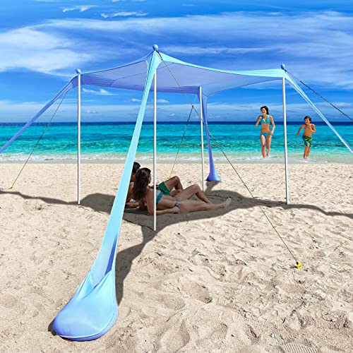 HATPPTO Beach Canopy, Pop Up Beach Tent Sun Shelter UPF50+ w/ Sand Shovel, Ground Pegs, Storage Bag, Windproof Poles & Ropes, Outdoor Canopy Sun Shade for Camping Trips, Fishing, Lawn, Picnics
