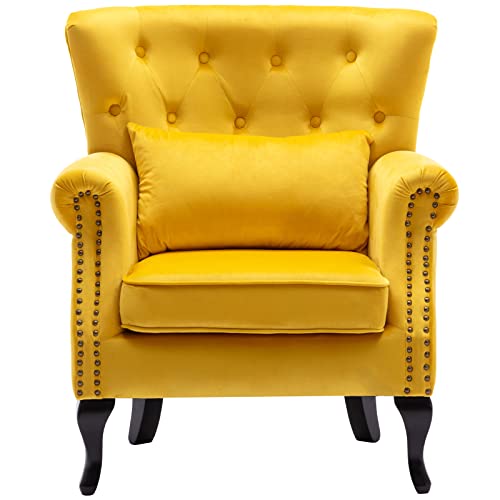 DM Furniture Mid Century Accent Chair Modern Button Tufted Armchair Wingback Club Chair Velvet Single Sofa Lounge Chair with Pillow for Living Room Bedroom, Yellow