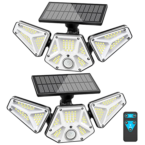 Solar Motion Sensor Light Outdoor – 2000LM Wireless Flood Lighting Powered Security Light – Bright Adjustable 3-Head Solar LED Lights IP65 Waterproof with Remote for Outside Garage Yard