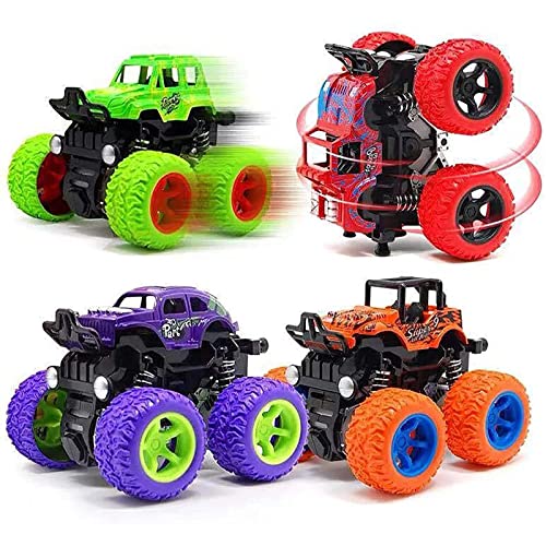 LEFEI Monster Truck for Boys 3 4 5 6 7 Year Old,4 Pack Push and Go Friction Powered Car Toys, Double-Directions Inertia Pull Back Vehicle Set,Birthday Party Gift for Kids