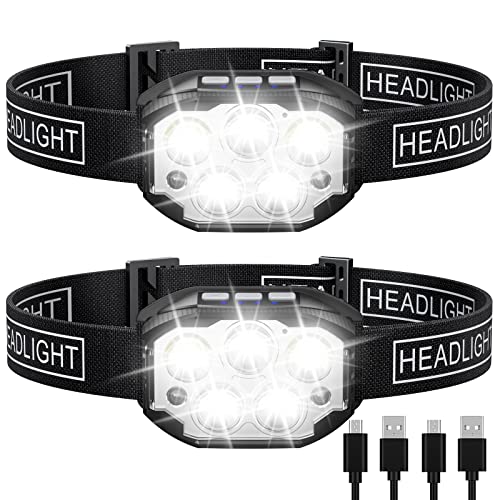Headlamp Rechargeable, 2 Pack Head Lamp, 1200 Lumen Super Bright Motion Sensor LED Headlamps, Waterproof Head Flashlights with White Red Light, 12 Modes Headlamp Flashlight for Camping Cycling Running