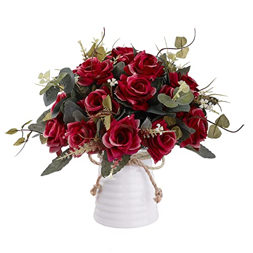 LESING Artificial Rose Flowers with Vase Faux Silk Fake Rose Flowers Bouquets in Vase Table Centerpiece Arrangement for Home Wedding Decoration (Claret Red-1)
