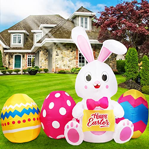 GUDELAK 6 FT Easter Inflatables Outdoor Decorations, Inflatable Easter Bunny and Colorful Eggs Build-in 5 LEDs, Happy Easter Blow Up Yard Decorations for The Home Holiday Party, Outdoor, Lawn, Garden