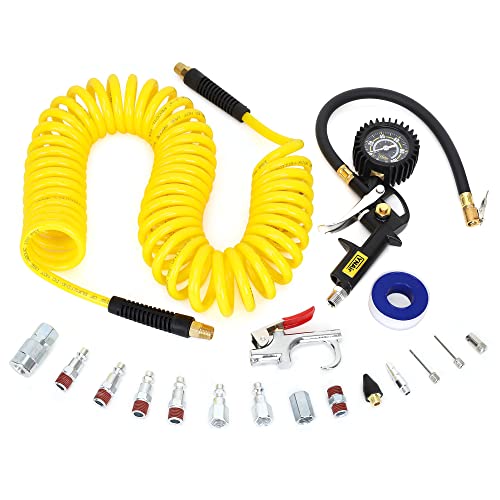YNAir 18 Pieces Air Compressor Accessories kit, 1/4 in x 25 ft Recoil Poly Air Compressor Hose Kit, 1/4″ NPT Quick Connect Air Fittings, 100 PSI Tire Inflator Gauge, Blow Gun, Couplers and Plugs