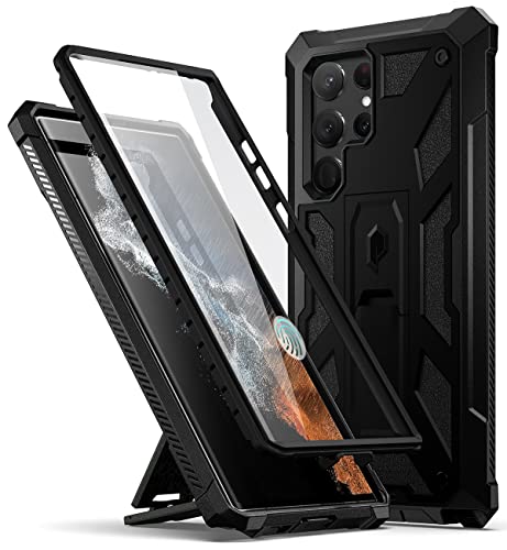 Poetic Spartan Case for Samsung Galaxy S22 Ultra 5G 6.8 inch, Built-in Screen Protector Work with Fingerprint ID, Full Body Rugged Shockproof Protective Cover Case with Kickstand, Matte Black
