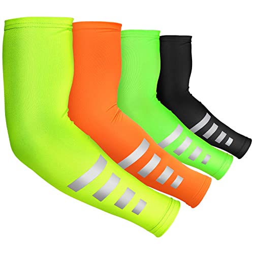 4 Pairs Arm Sleeves for Men Women UV Arm Sleeves Sun Protection Arm Sleeves Reflective Cooling Arm Cover (Black, Yellow, Orange, Green)