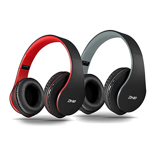 2 Items,1 Black Red Zihnic Over-Ear Wireless Headset Bundle with 1 Black Gray Zihnic Foldable Wireless Headset
