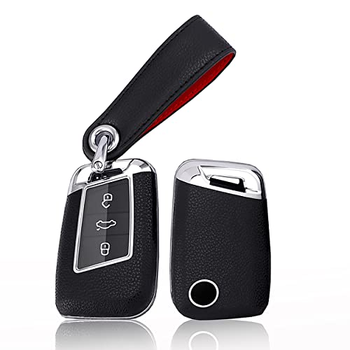 ontto Leather Key Fob Cover Fit for VW Smart Remote,Car Key Case Stylish Key Holder for Volkswagen Arteon Atlas Golf Alltrack Magotan Black