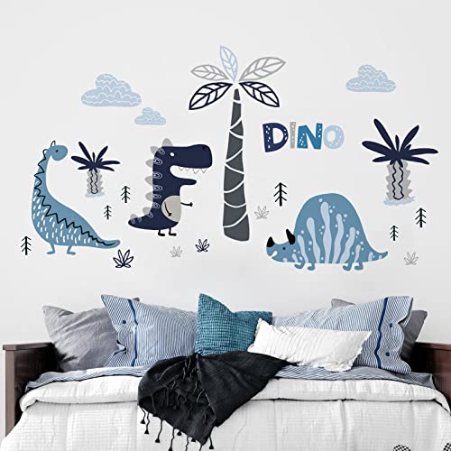 Yovkky Boys Blue Gray Dinosaur Wall Decals Stickers, Dino Animal Peel and Stick Nursery Coconut Palm Tree Clouds Decor, Home Baby Toddler Room Decoration Kids Bedroom Playroom Art Party Supply Gifts