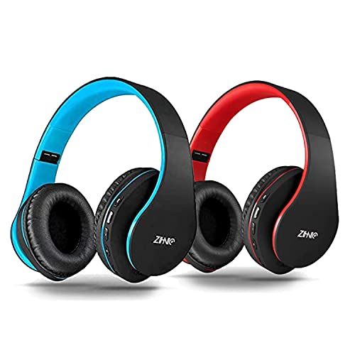 2 Items,1 Black Blue Zihnic Over-Ear Wireless Headset Bundle with 1 Black Red Zihnic Foldable Wireless Headset
