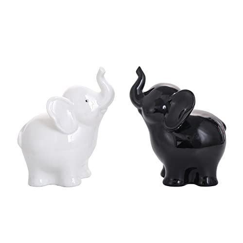 Joynisy Pair of Elephant Ceramic Statues, Cute Animal Elephant Figurines Home Decor Statue, Good Luck Elephant Sculptures Decorations for Shelves and Table(Black and White)
