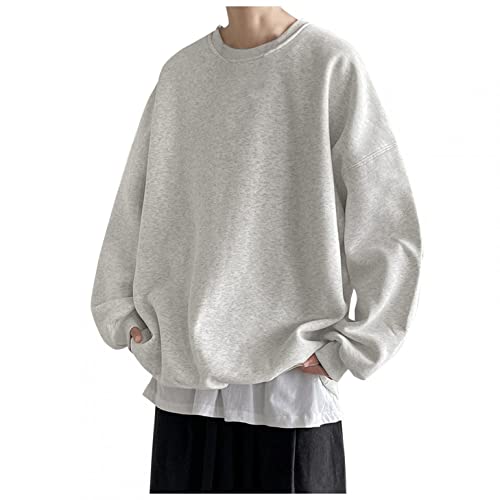 KPYTLBV Men’s Fleece Crewneck Sweatshirt Oversized Casual Long Sleeve Solid Color Round Neck Drop Shoulder Pullover Tops Grey