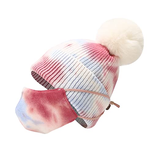 2-in-1 Kids Winter Knitted Beanie Hat + Face Cover Set Boys Girls Warm Soft Slouchy Skull Cap with Pom Scarf Mask Set