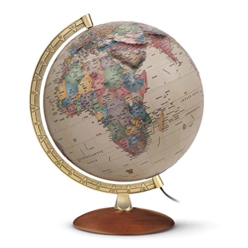 Waypoint Geographic Athens Illuminated World globe with Antique Ocean and Raised Relief Feature – 1000+ up-to-date place names & points of interest, desktop globe with wood stand (12″ diameter)