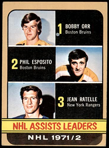 1972 Topps # 62 Assists Leaders Bobby Orr/Phil Esposito/Jean Ratelle Bruins/Rangers-Hockey (Hockey Card) VG Bruins/Rangers-Hockey