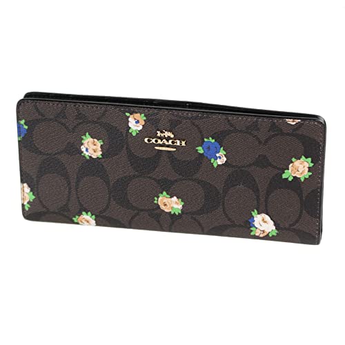 COACH Womens Slim Wallet In Leather (IM/Brown Black Multi With Vintage Mini Rose Print)