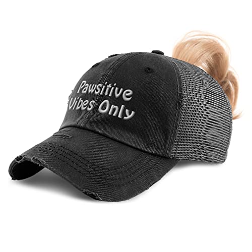 Womens Ponytail Cap Pawsitive Vibes Only Reflection Cotton Distressed Trucker Hats Black