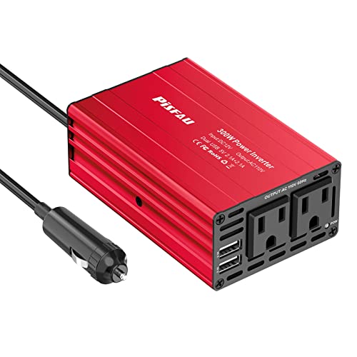 300W Power Inverter 12v to 110v, Dc to Ac Converter, Car Outlet Adapter with 2 USB Ports and 2 Ac Socket, Laptop Car Charger with Cigarette Lighter